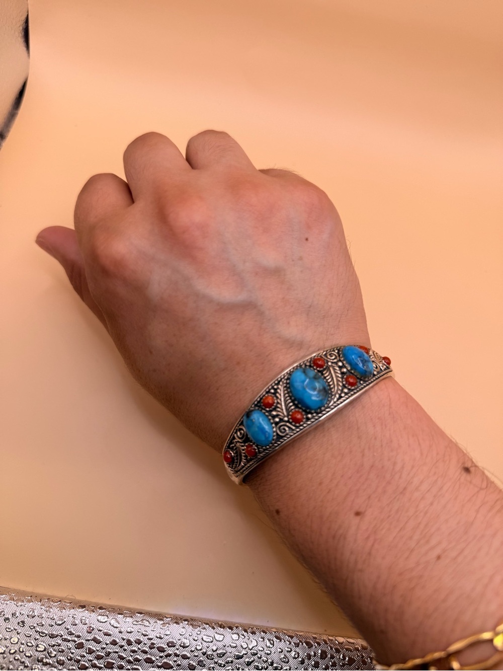 925 Sterling Silver Turquoise & Carnelian Bangle  7”